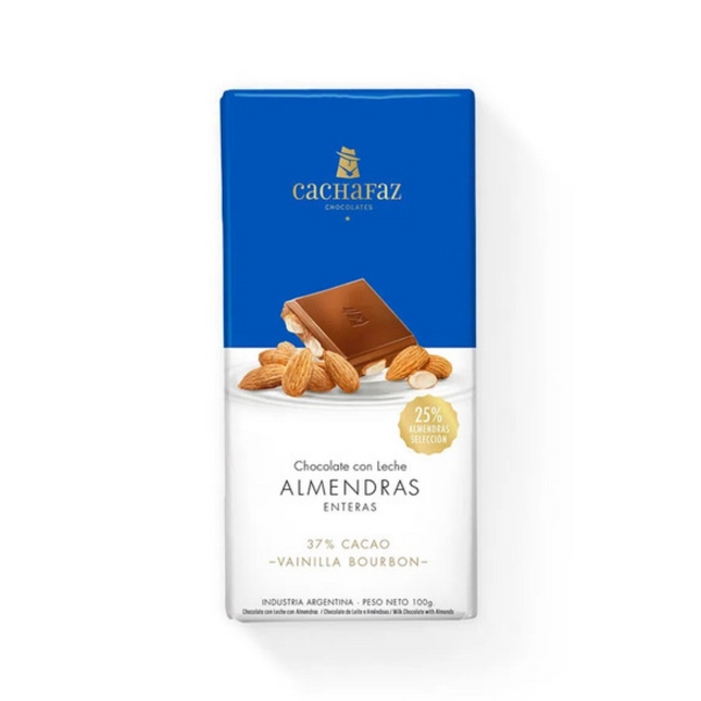 Barra de Chocolate Cachafaz con Leche y Almendras, 100 g / 3.5 oz, chocolate premium argentino