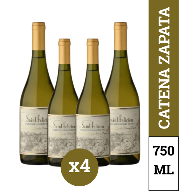 Pack x4 Saint Felicien Vino Chardonnay 750 ml – vino blanco argentino premium de Mendoza con notas de frutas tropicales, miel y vainilla