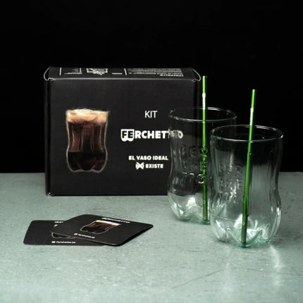 Kit - Vaso Fernet Ferchetto Botella Cortada + Posa Vaso + Revolvedor (Pack 2)