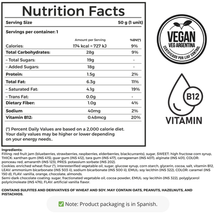 Alfajor Vegano Frutos Rojos – Bañado en chocolate x18 unidades 50g