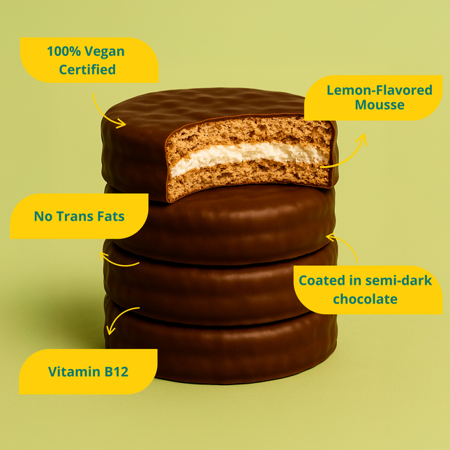 Alfajor Vegano Mousse de Limón – Bañado en chocolate x18 unidades 50g