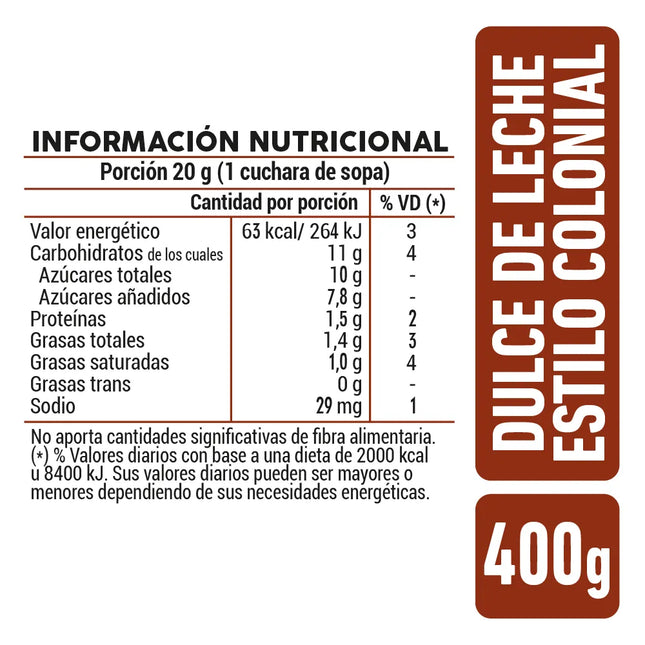 Dulce de Leche La Serenisima Estilo Colonial Sin TACC, 400 g / 14,1 oz