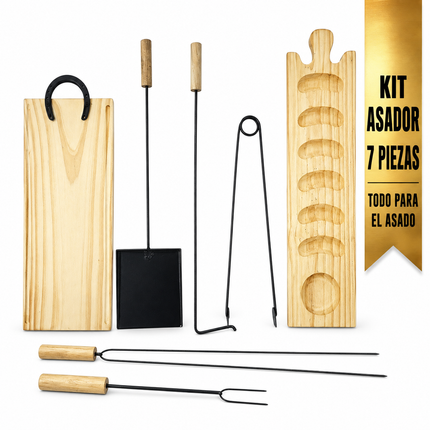 Kit Asador Argentino de 7 Piezas con 2 Tablas de Madera y Accesorios para Parrilla