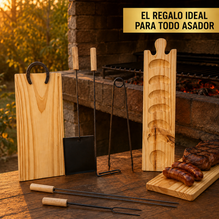 Kit Asador Argentino de 7 Piezas con 2 Tablas de Madera y Accesorios para Parrilla