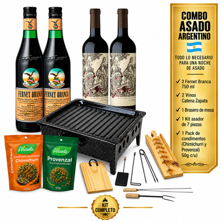 Combo Premium Asado Argentino Completo – 2 Fernet Branca + 2 Vinos Catena Zapata Argentino Malbec + Brasero + Kit Asador + Condimentos