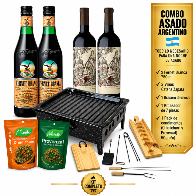Combo Premium Asado Argentino Completo – 2 Fernet Branca + 2 Vinos Catena Zapata Argentino Malbec + Brasero + Kit Asador + Condimentos