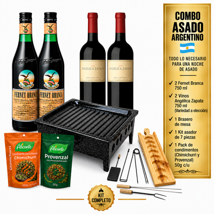 Combo Asado Argentino Alta Gama – 2 Fernet Branca + 2 Vinos Angelica Zapata (a elección) + Brasero + Kit Asador + Condimentos
