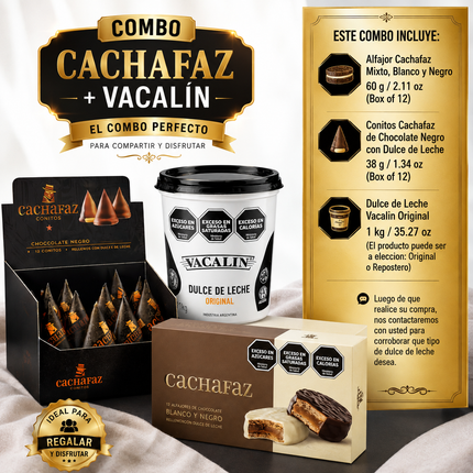 Combo Cachafaz y Vacalín – 12 Alfajores Mixtos Cachafaz + 12 Conitos Cachafaz + Dulce de Leche Vacalin 1 kg (a elección)