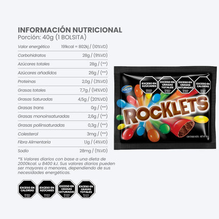 Confites Rocklets de Chocolate Arcor, 40 g / 1.41 oz (Box of 18)