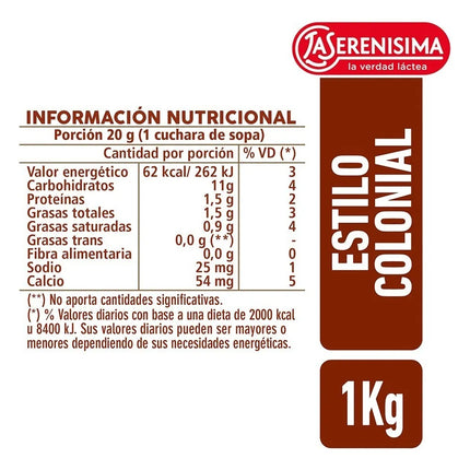 Dulce de Leche  La Serenisima Colonial Sin TACC, 1 Kg / 2.2 lb