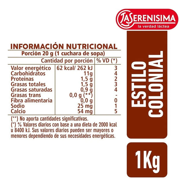 Dulce de Leche  La Serenisima Colonial Sin TACC, 1 Kg / 2.2 lb