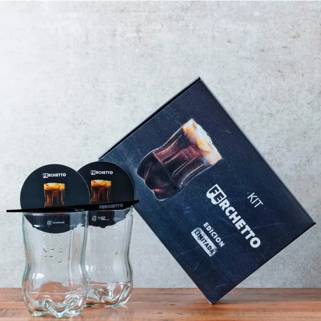 Kit - Vaso Fernet Ferchetto Botella Cortada + Posa Vaso + Revolvedor (Pack 2)