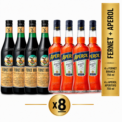 Combo de 8 Premium (4 Fernet Argentino Branca 750 ml + 4 Aperol Spritz 750 ml)