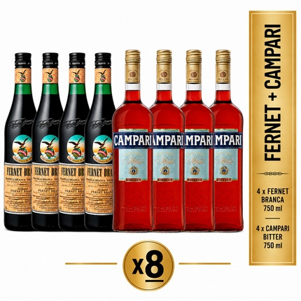 Combo de 8 Premium (4 Fernet Argentino Branca 750 ml + 4 Aperitivo Campari 750 ml)