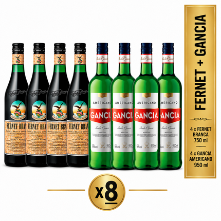 Combo de 8 Premium (4 Fernet Argentino Branca 750 ml + 4 Gancia Americano 950 ml)