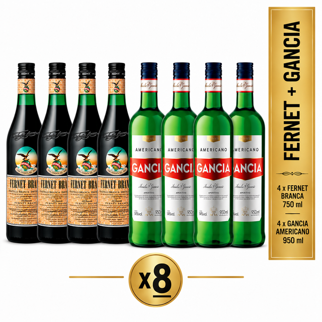 Combo de 8 Premium (4 Fernet Argentino Branca 750 ml + 4 Gancia Americano 950 ml)