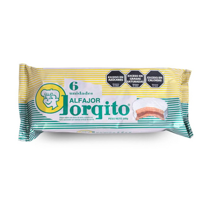 Bandeja con 6 Alfajores Jorgito Blancos Glaseados rellenos de Dulce de Leche, 50 g / 1.76 oz cada uno