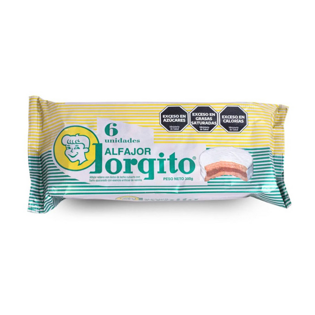 Bandeja con 6 Alfajores Jorgito Blancos Glaseados rellenos de Dulce de Leche, 50 g / 1.76 oz cada uno