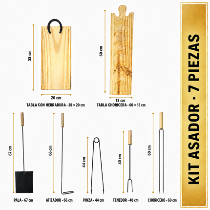 Kit Asador Argentino de 7 Piezas con 2 Tablas de Madera y Accesorios para Parrilla