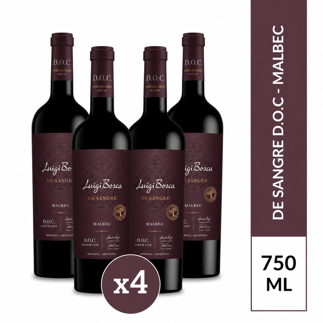 Combo de 4 Vinos Tinto Luigi Bosca De Sangre D.O.C Malbec, 750 ml / 25.3 oz