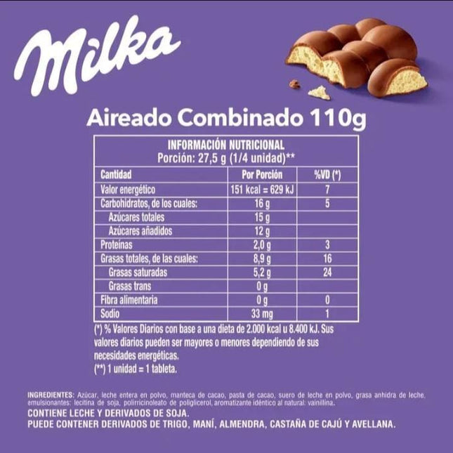 Chocolate Milka Leger aireado , combinado 110g pack x 6