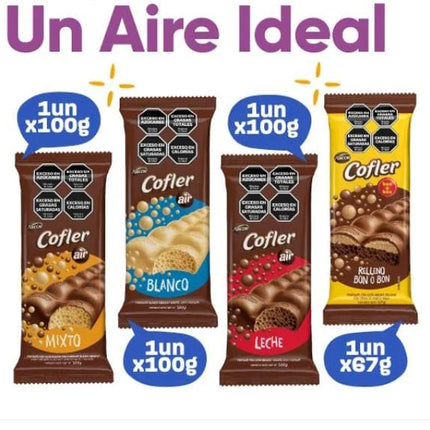 Combo chocolates Arcor Cofler Air , 4 tabletas individuales, 4 variedades,  367g de chocolate.