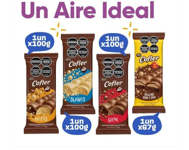 Combo chocolates Arcor Cofler Air , 4 tabletas individuales, 4 variedades,  367g de chocolate.