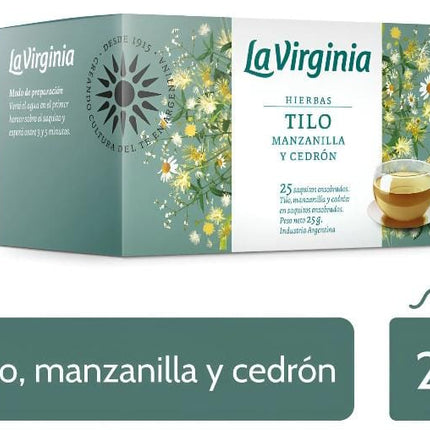 La Virginia Té de Hierbas, Tilo, Manzanilla y Cedron. Caja 25 saquitos individuales. 25g