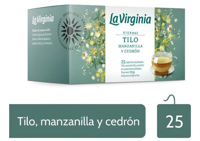 Te La Virginia de Hierbas, Tilo, Manzanilla y Cedron. Caja 25 saquitos individuales. 25g