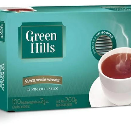 Te Negro Green Hills clasico, caja 100 saquitos individuales, 200g/7,05oz