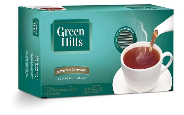 Te Negro Green Hills clasico, caja 100 saquitos individuales, 200g/7,05oz