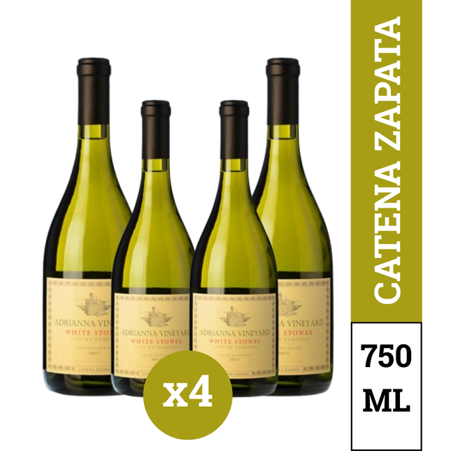 Adrianna Vineyard White Stones Chardonnay Pack x4 botellas 750 ml – vino blanco ícono argentino de Mendoza con notas cítricas, minerales y roble francés.