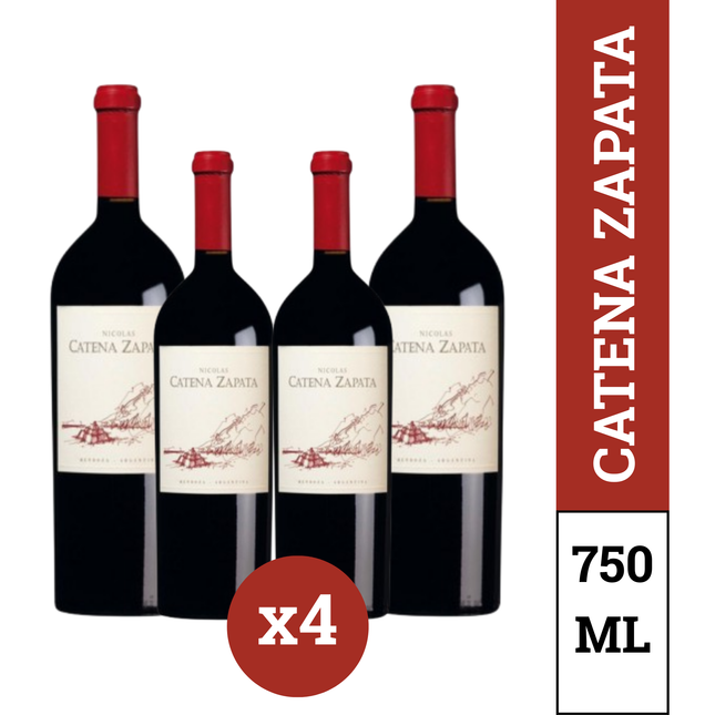 Nicolás Catena Zapata Red Blend Pack x4 botellas 750 ml – vino ícono argentino de Mendoza con notas de frutos rojos, especias, cacao y roble francés.