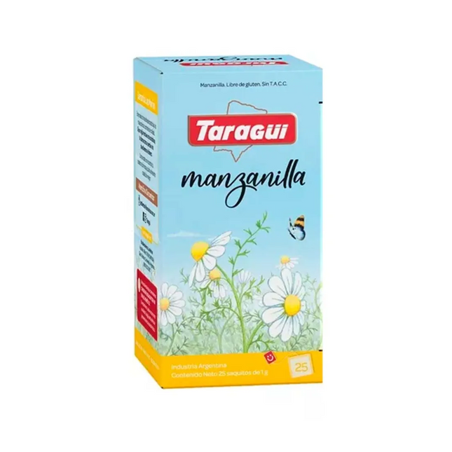 Compra Taragüí Manzanilla (25 saquitos). Infusión argentina suave y natural con propiedades digestivas y relajantes. Envíos internacionales.