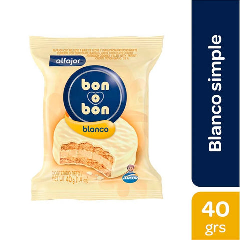 White Bon or Bon Simple chocolate Alfajor, 40 g / 1.41 oz (Pack of 6 units)