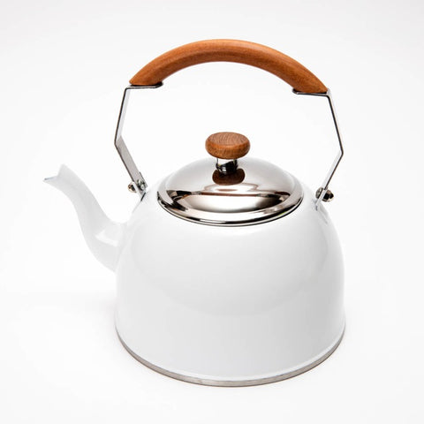 White Stainless Steel Kettle with Wood