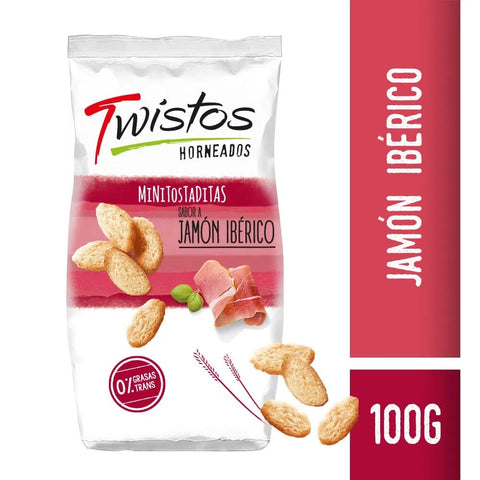 Mini tostaditas Twistos sabor jamon iberico, paquete de 100 gr / 3,52 oz