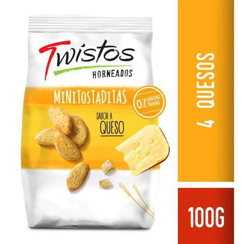 Mini tostaditas Twistos sabor cuatro quesos, paquete de 100 gr / 3,52 oz